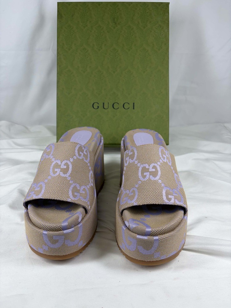 Gucci Jumbo Angelina GG Canvas 4” Platform Sandals US Size 10.5 SPB JA-369500