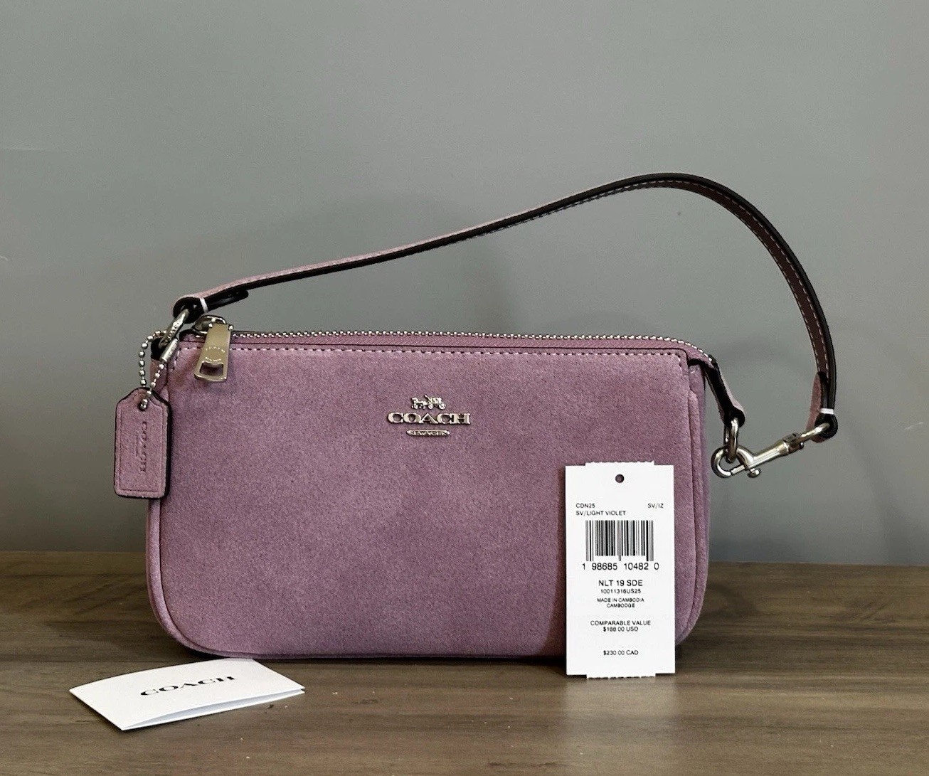 COACH Nolita 19 In Suede & Smooth Leather Wristlet Bag CDN25 Silver/Light Violet