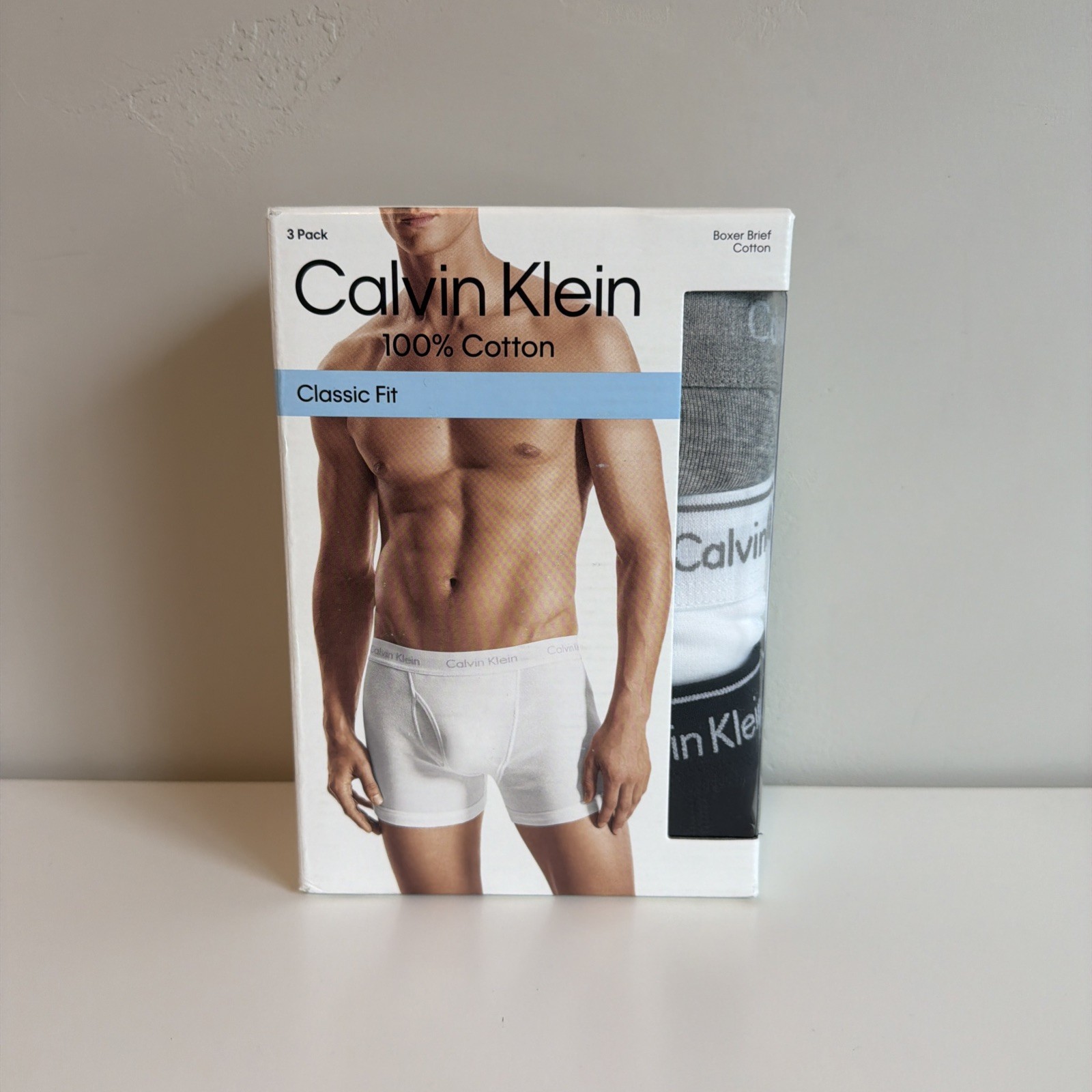 Calvin Klein 3 Pack 100% Cotton Classic Fit Boxer Brief White Gray Black Sz XL