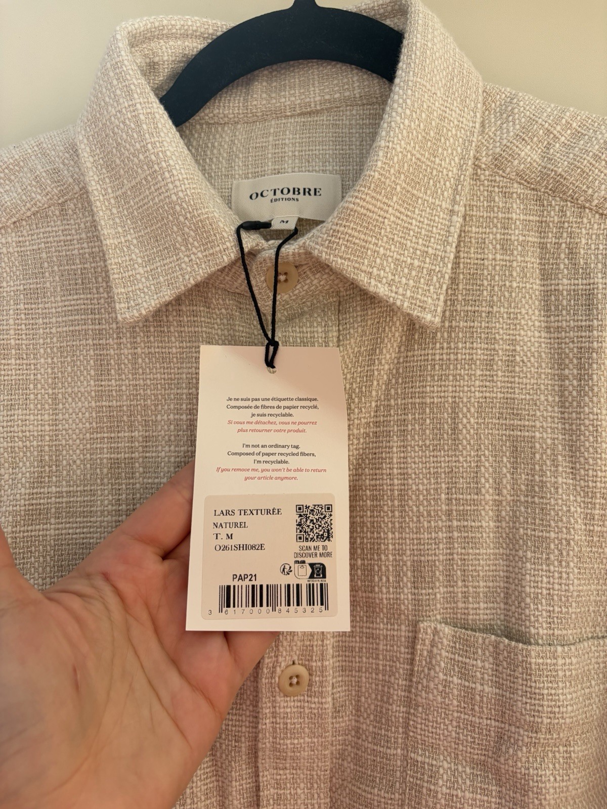 BNWT Men’s OCTOBRE EDITIONS Naturel Cream Lars Textured Shirt Size M RRP £125