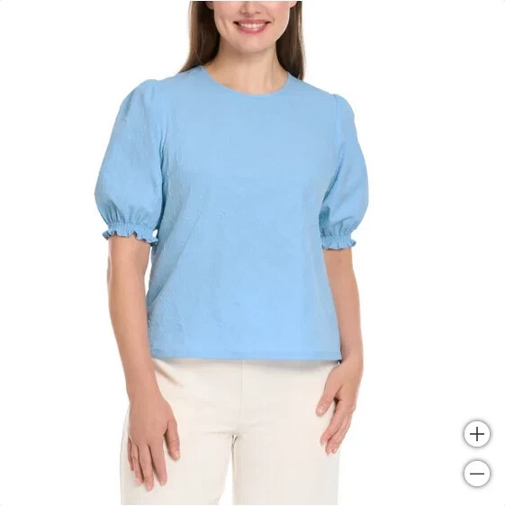 Ted Baker Women’s Crewneck Elastic Smocked Short Sleeves Blouse, Blue, Size S