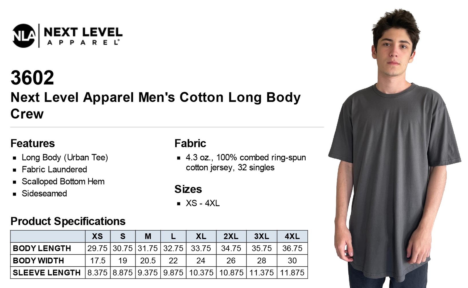 NEW Next Level Men’s 100% Cotton Long Body Crewneck T-Shirt M-3602