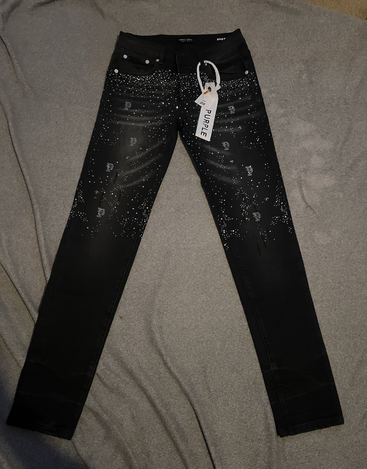 Purple Brand Men’s Black Skinny Denim Jeans Solid Rhinestone Logo Size 29