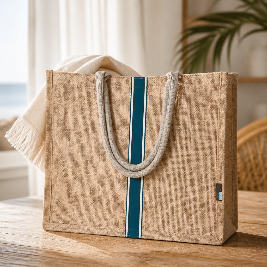 Acuario Burlap Flat Bottom Tote Large 18x14x5 Inches Zipper Closure
