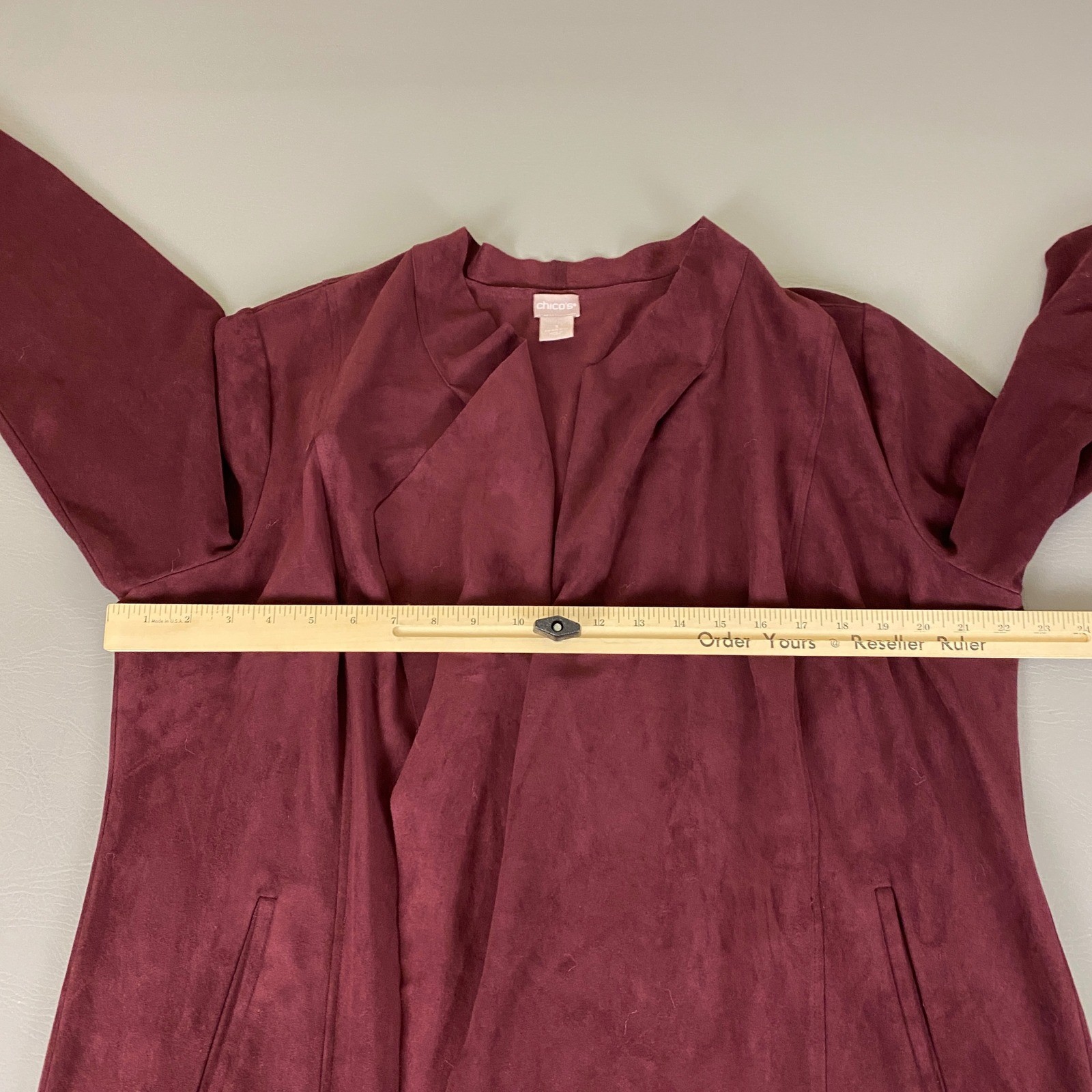 Chicos Cardigan Jacket Size 3 (US XL 16 18) Burgundy Faux Suede Open Front