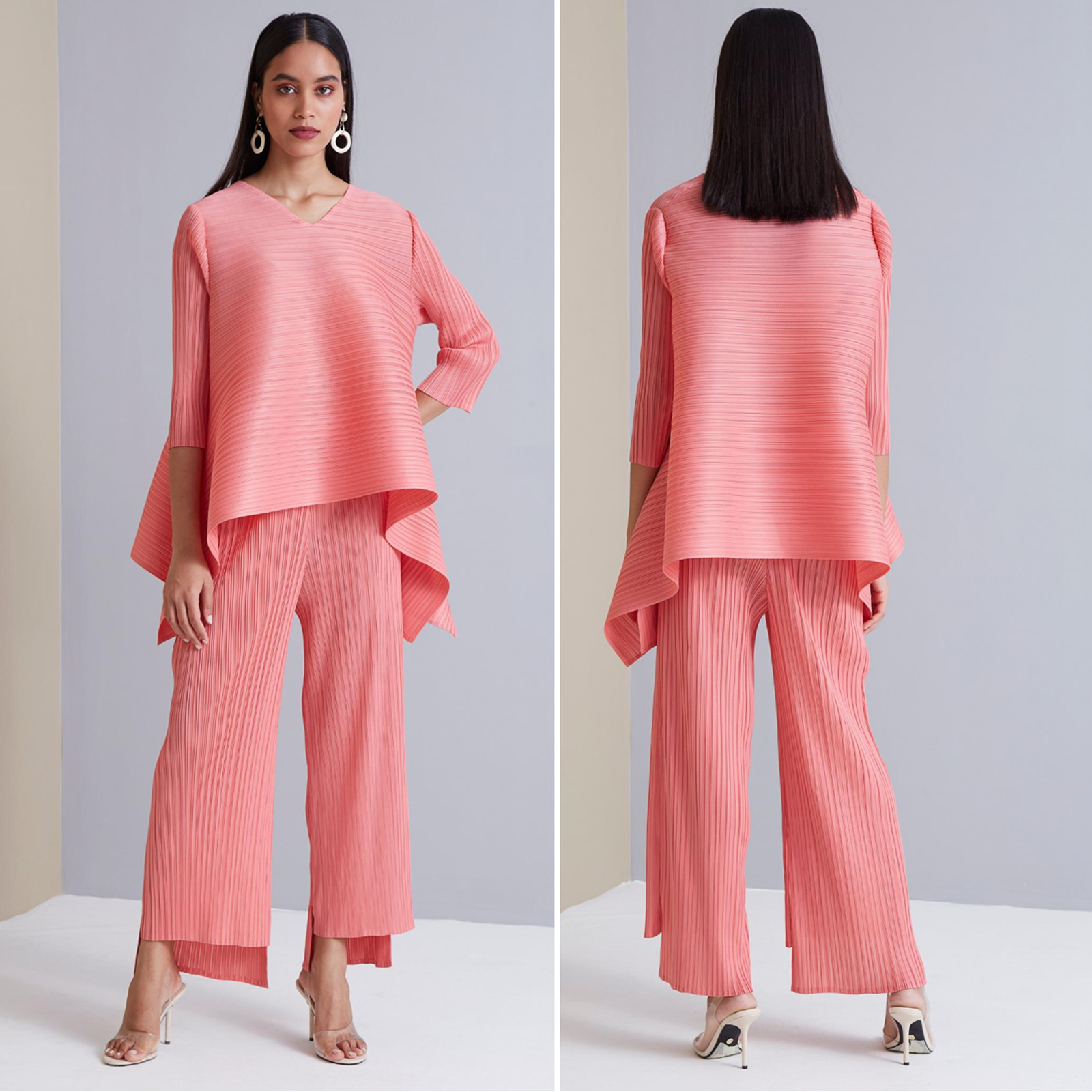 SCARLET SAGE One Size Cool Pleated Plisse Peach Coral V-Neck Waterfall Top NWT