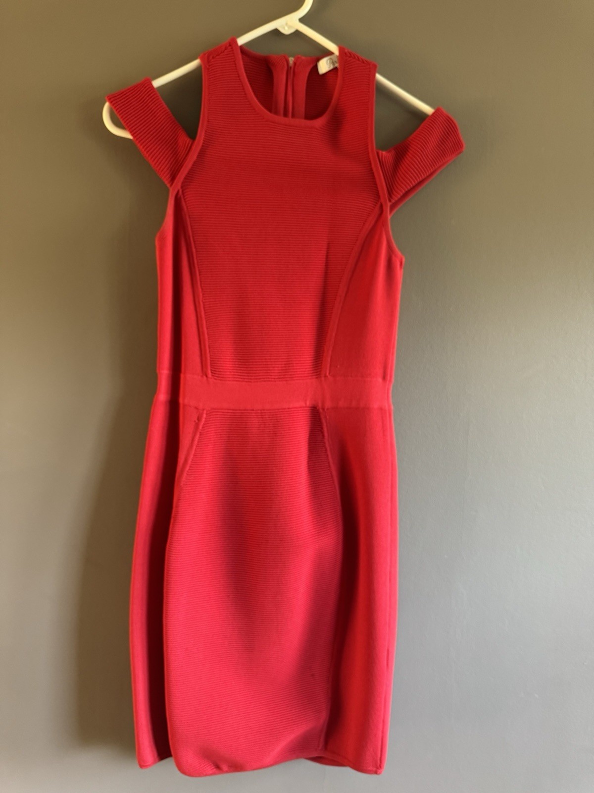 Parker XS Red Solid Knit Crew Neck Cold Shoulder Sheath Bodycon Mini Dress