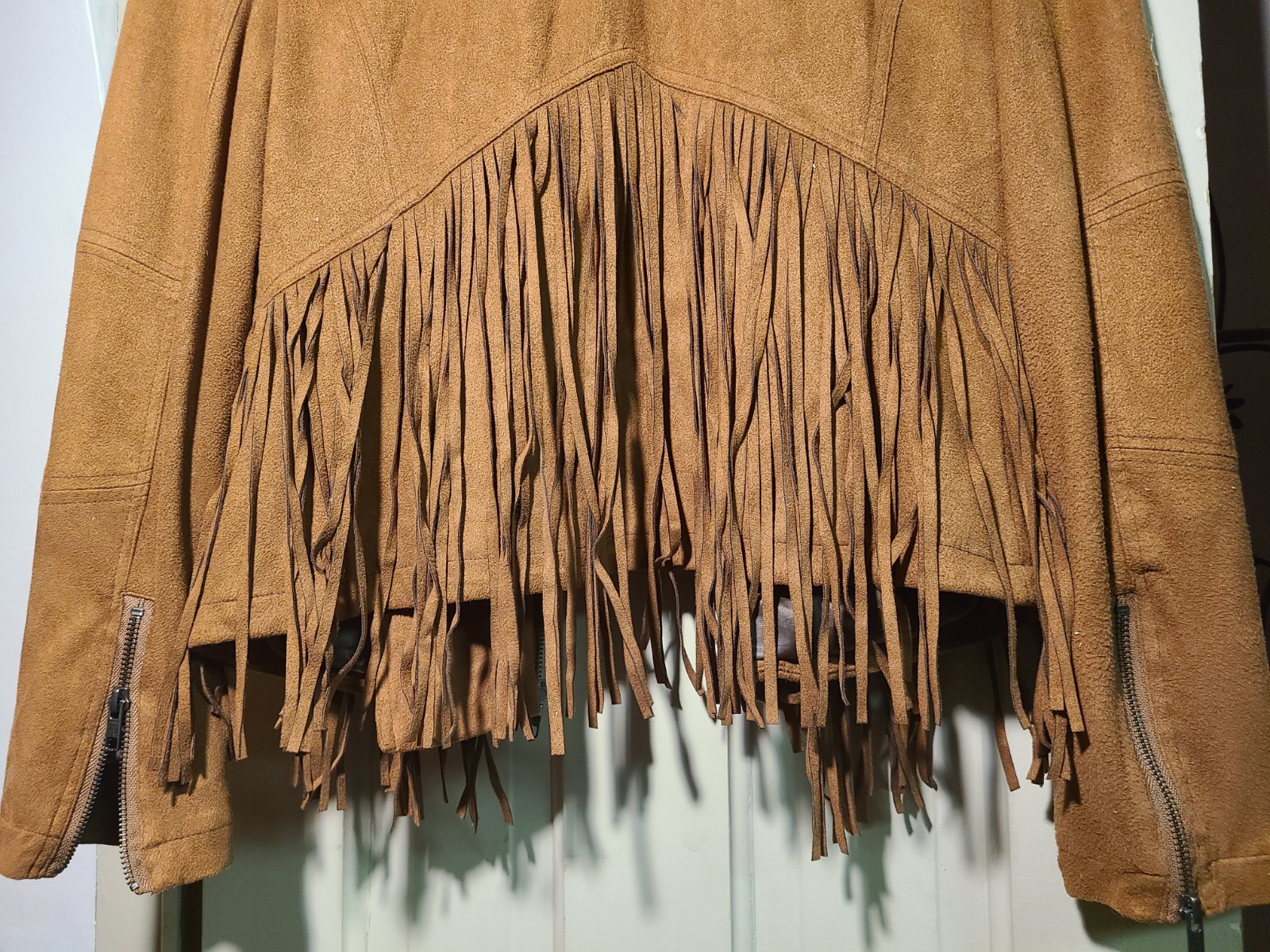 Womens Cripple Creek Genuine Suede Leather Zip Jacket With Fringe Front And Back