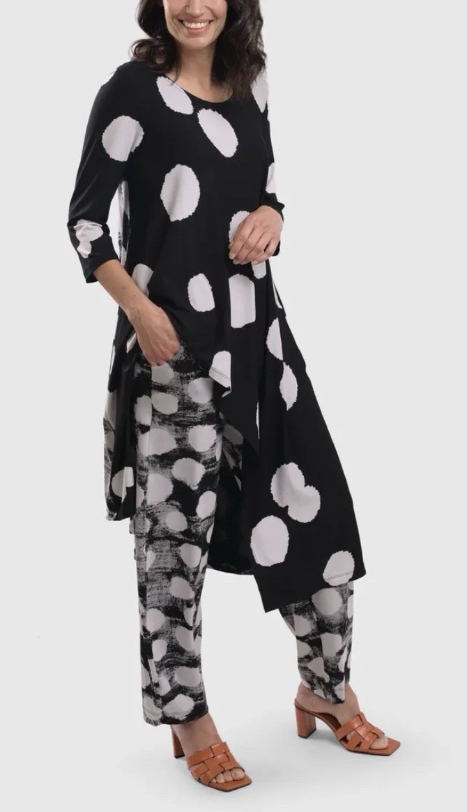 ALEMBIKA Black White Polka Dot Tunic Lagenlook Artsy Sleeveless Trapeze Top XL