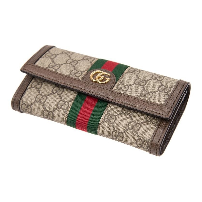 Gucci monogram logo striped canvas and leather wallet 7.48×1.38×3.9 in