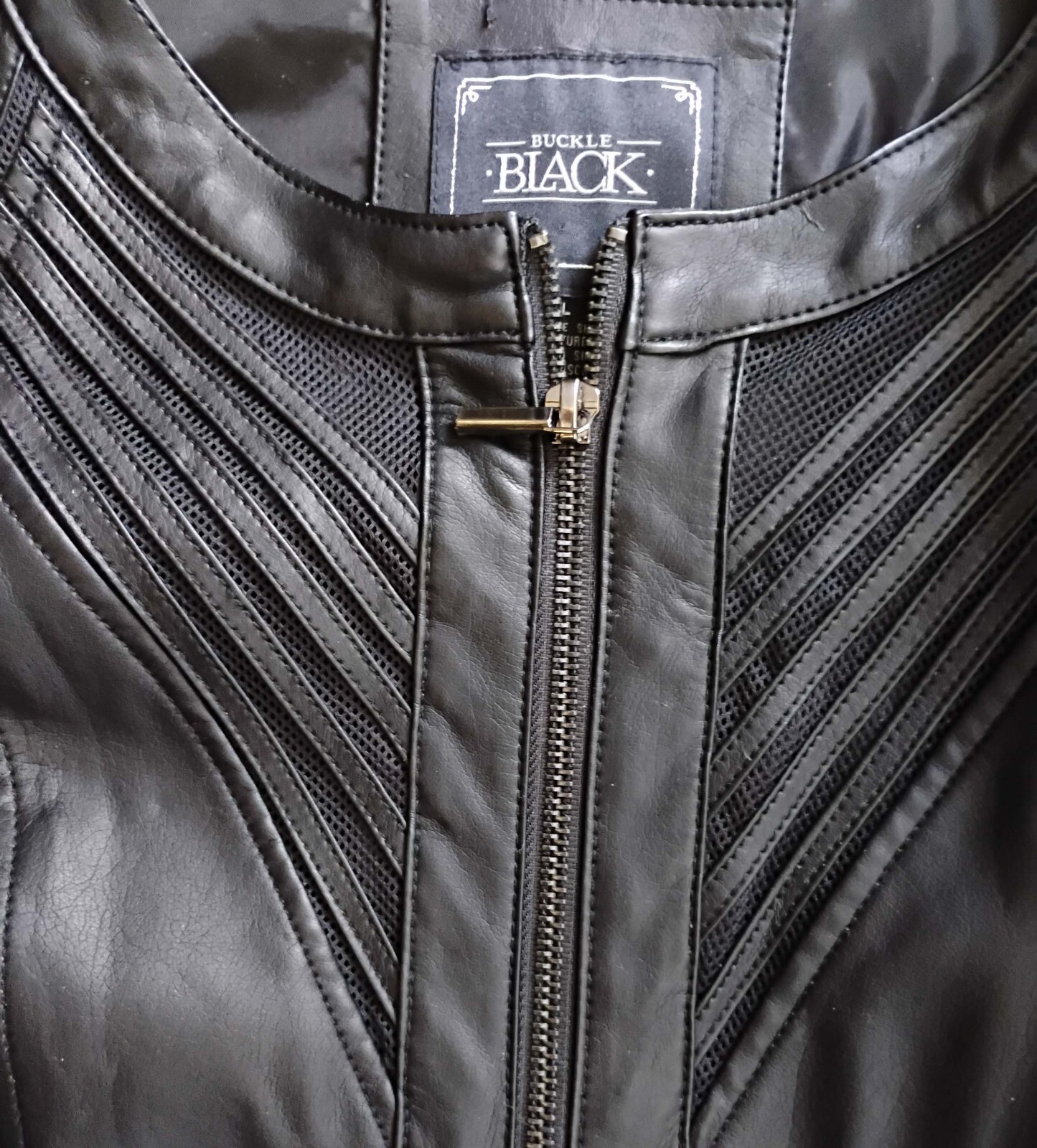 Buckle Black Jacket size L zip front, pockets & cuffs faux leather
