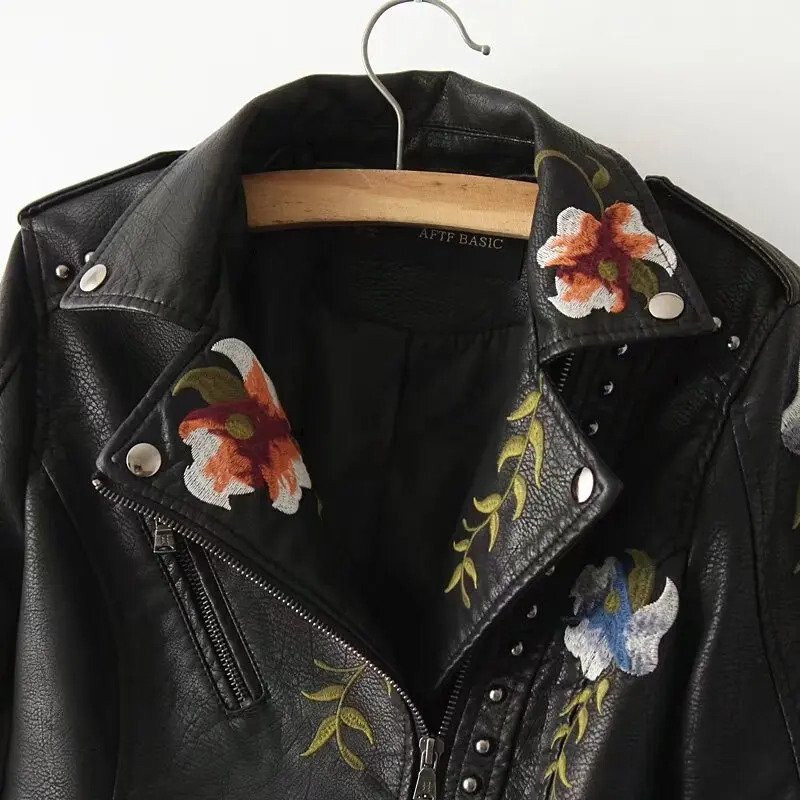 Embroidered Leather Jacket Flowers Embroidery PU Faux Leather