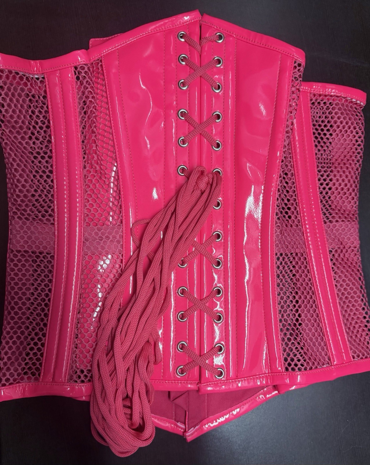 Hot Pink PVC Corset Bustier Lace-Up Steel Boned Mesh Panels Size L 28”