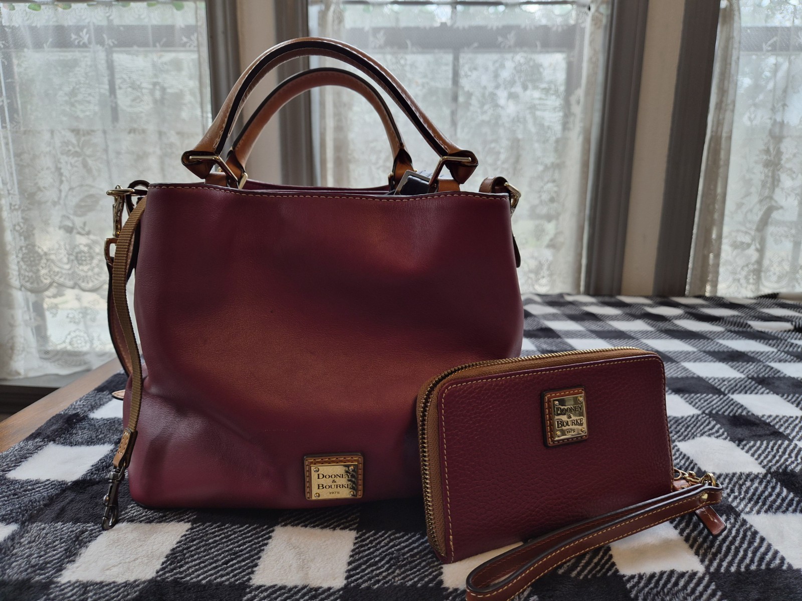 Dooney & Bourke Burgundy Pebbled Zip Satchel Top Handle Bag, Strap, Wristlet