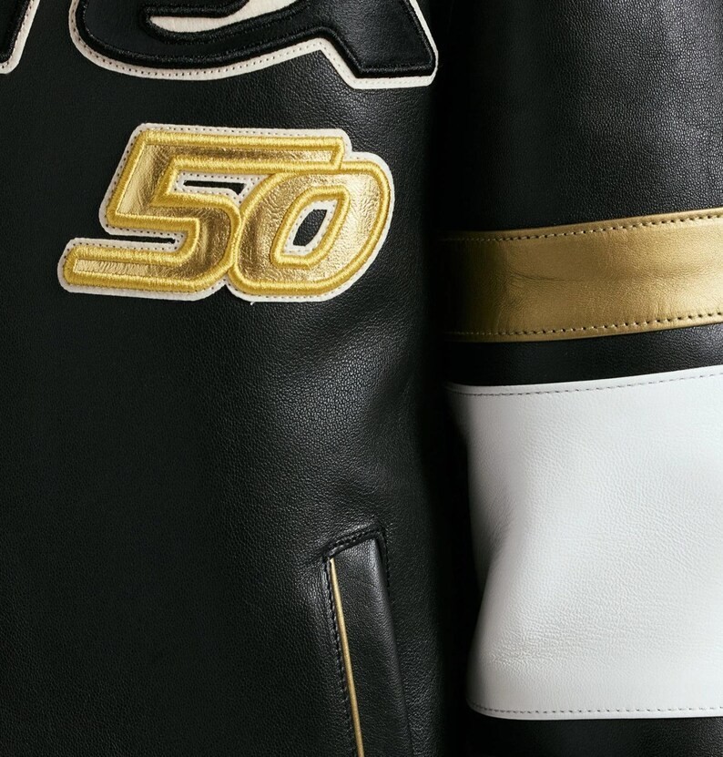 Avirex 50th Anniversary Leather Jacket Black Gold Kick-Off Varsity Bomber Men’s