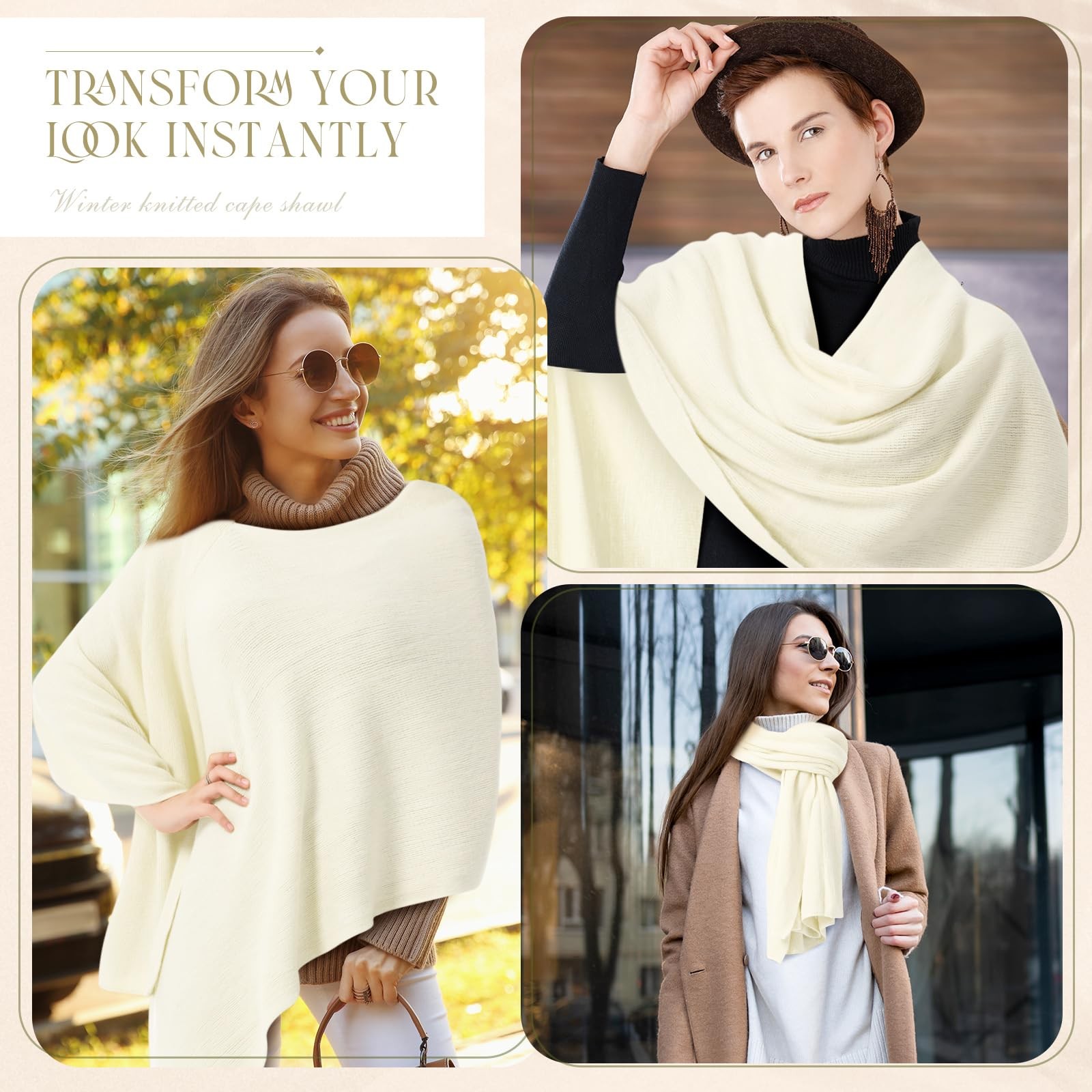 Women Ponchos Sweater Solid Knit Versatile Lightweight Shawl Wrap Scarf Cape …