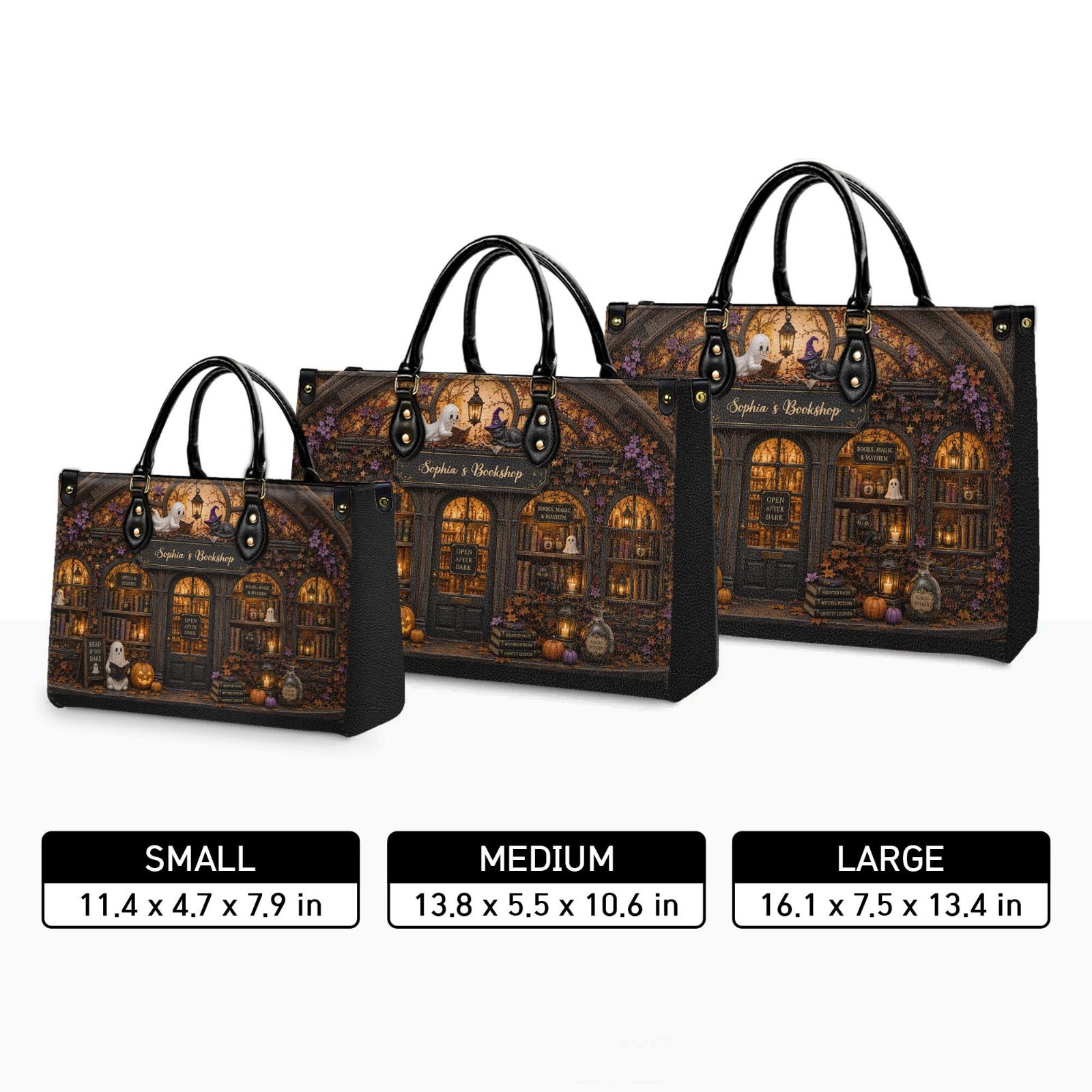 Personalized Halloween Bookshop Leather Handbag, Custom Name Ghost and Black Cat