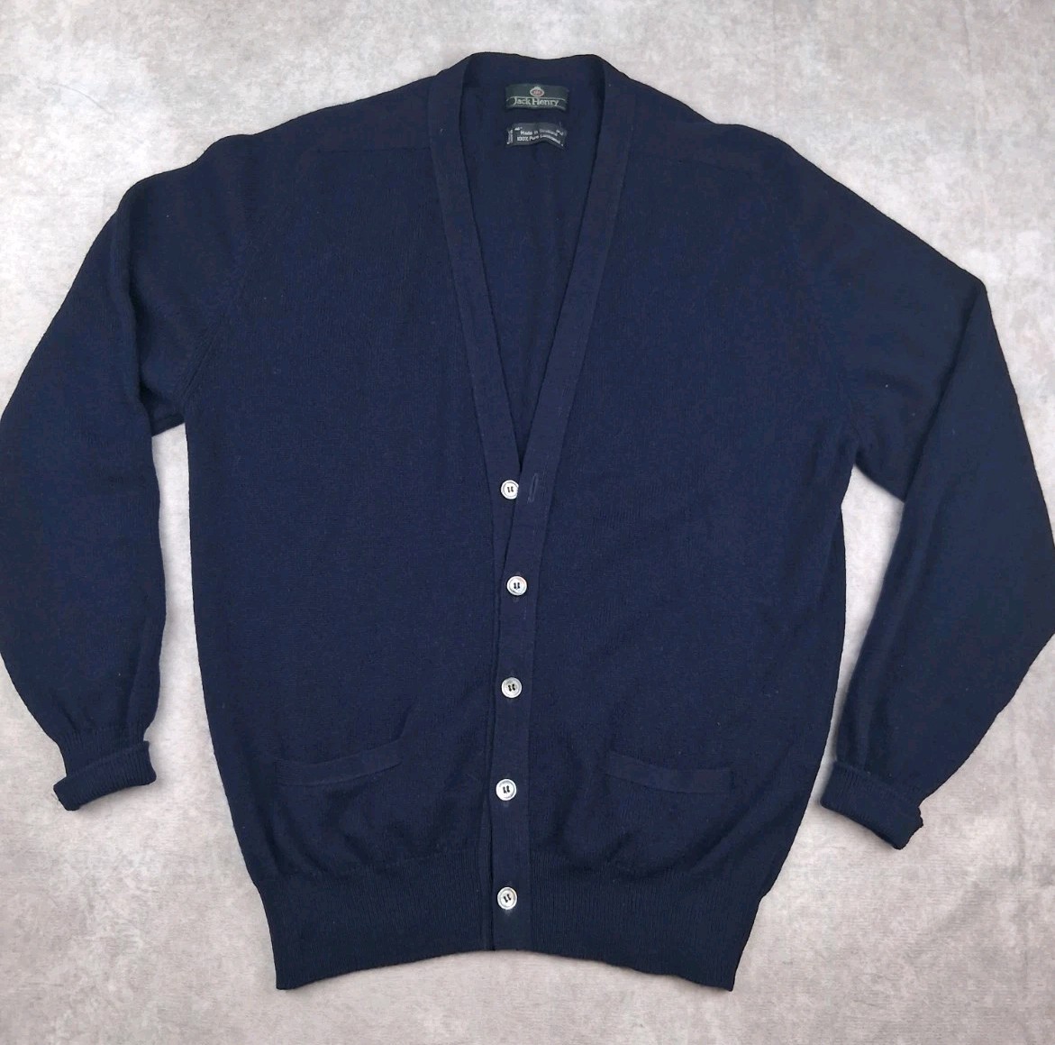 Vintage Jack Henry Cardigan Sweater Men XL Fit Blue 100% Lambswool Made Scotland