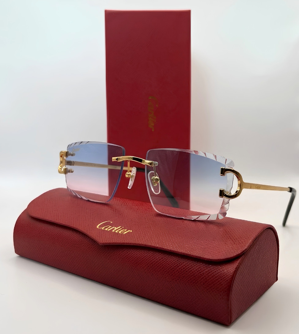 Cartier Big C Diamond Cut Frameless BLUE Lens Gold Frame