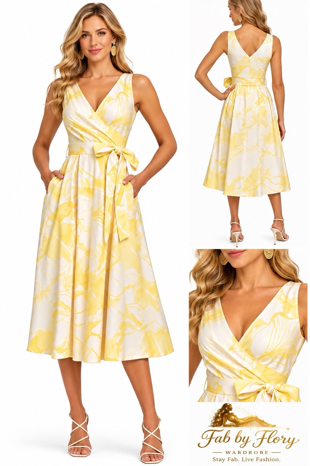 Donna Karan New York Floral Tie Waist Sleeveless Midi Dress Pockets NWT Sz 6
