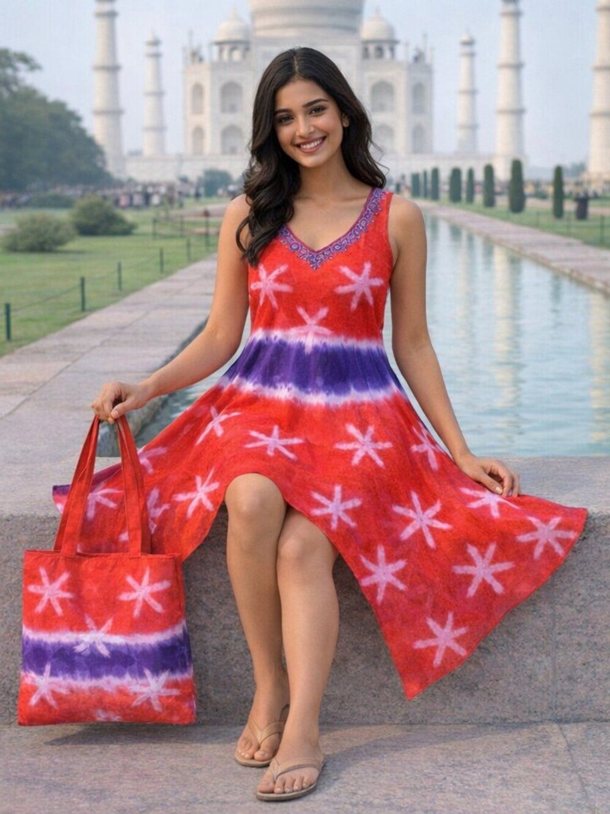 NEW India Boutique Bohemia Star Sequins V Neck Asymmetric Embroidery Sundress
