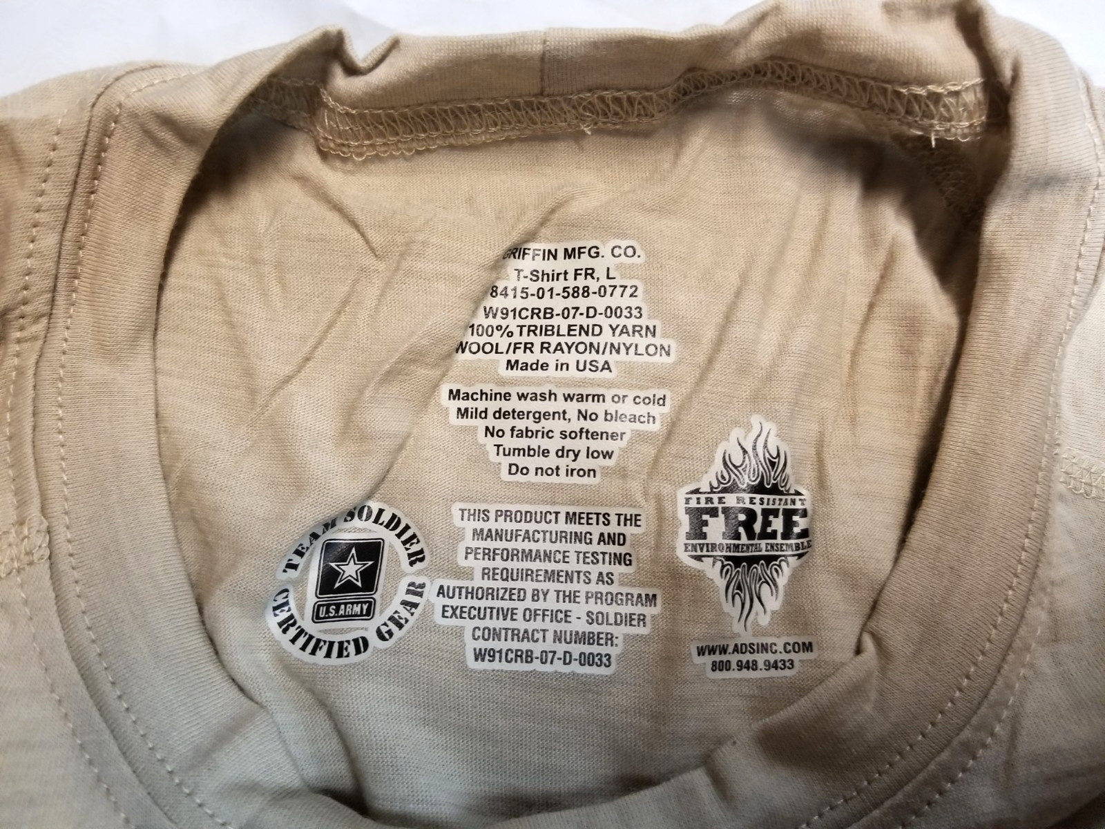 US Military ADS FLAME RESISTANT SHORT SLEEVE T-SHIRT TAN LARGE 8415-01-588-0772