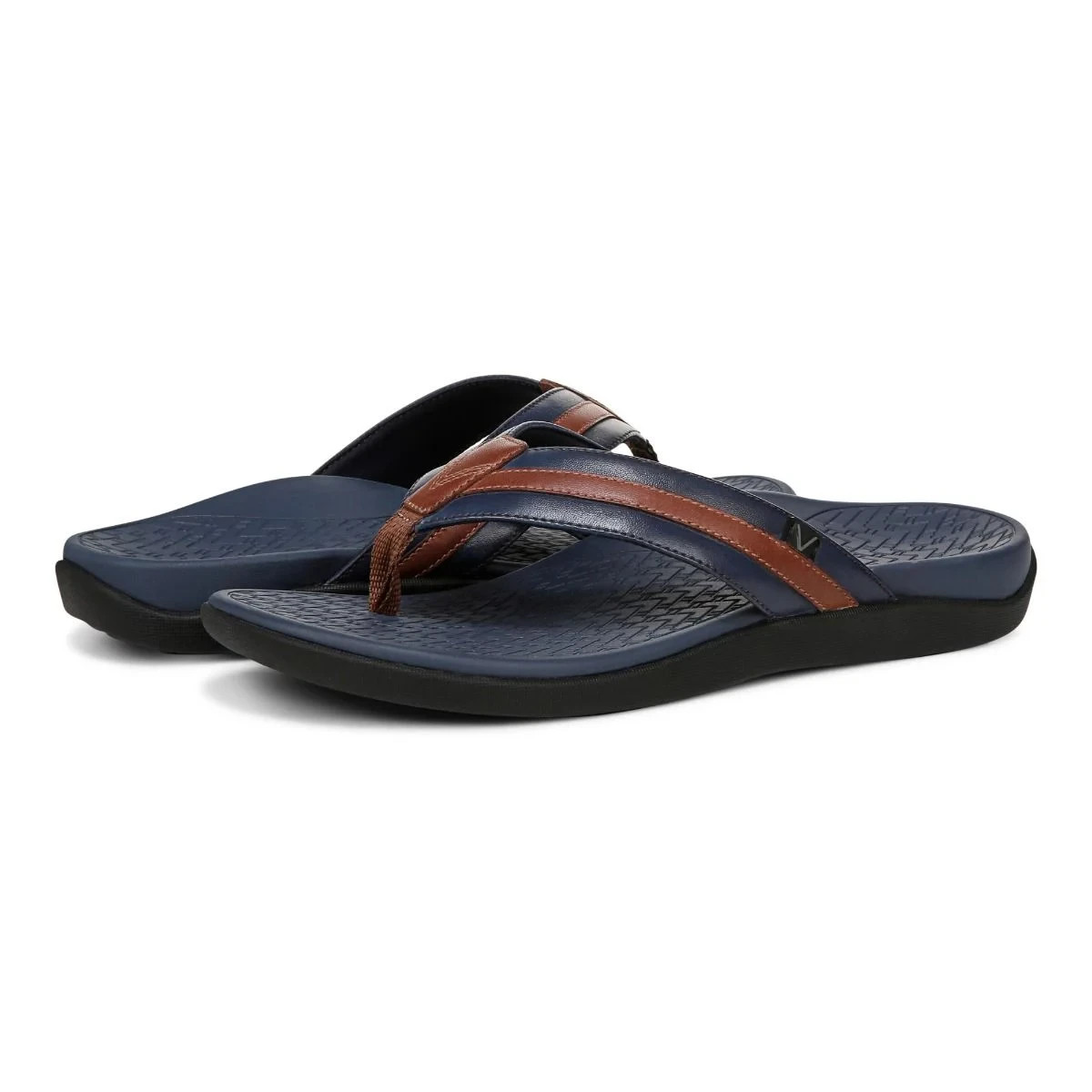 Vionic Tide II Men Toe Post Sandal Orthotic Flip Flop Navy Brown Leather New