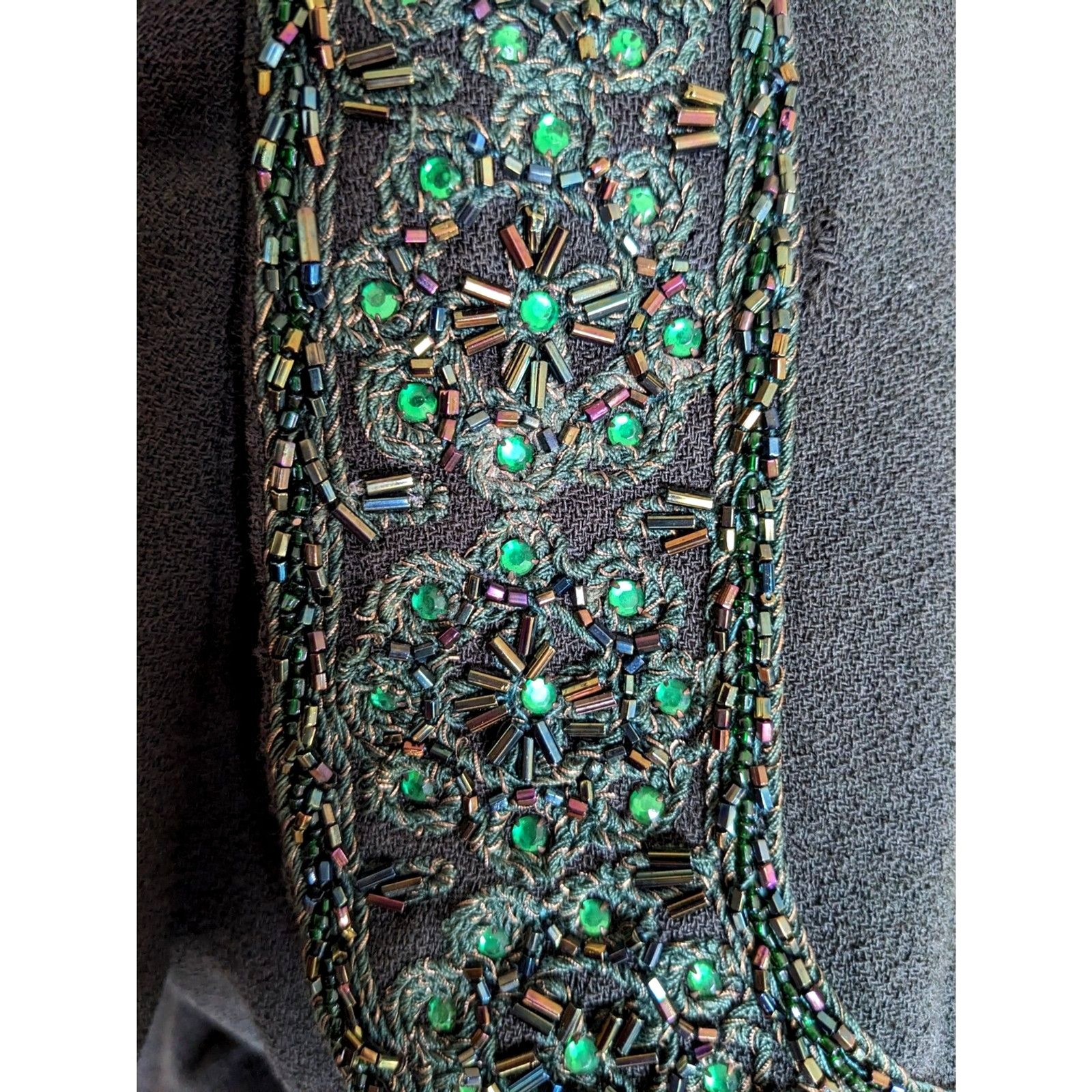 VTG 30s/40s Benham Original Beaded & Crystal Embellished Green Wool Jacket, Sz 8