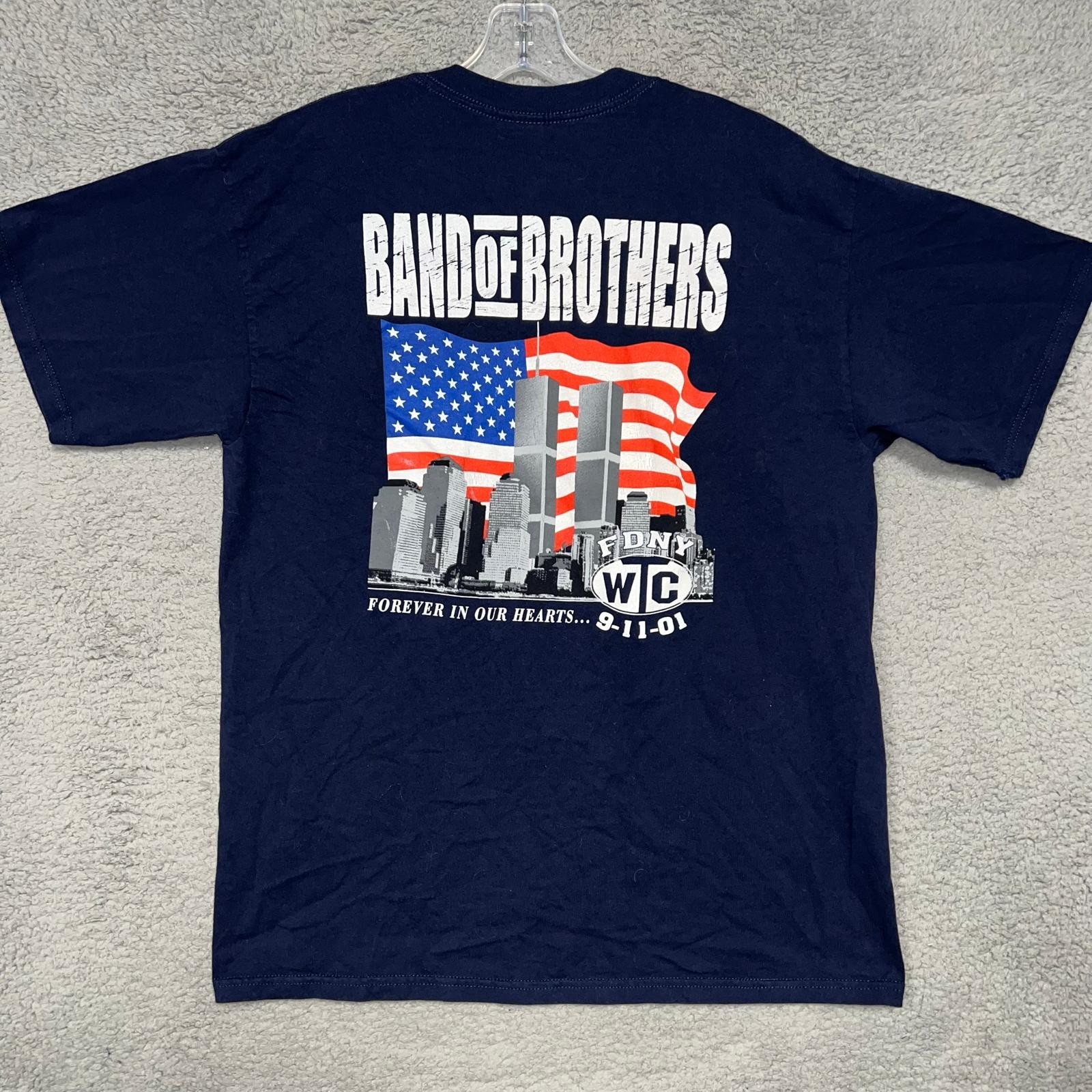 FDNY T Shirt Men’s Sz L Blue Band of Brothers WTC 9/11 Fire Dept NYC 2 Sided Tee