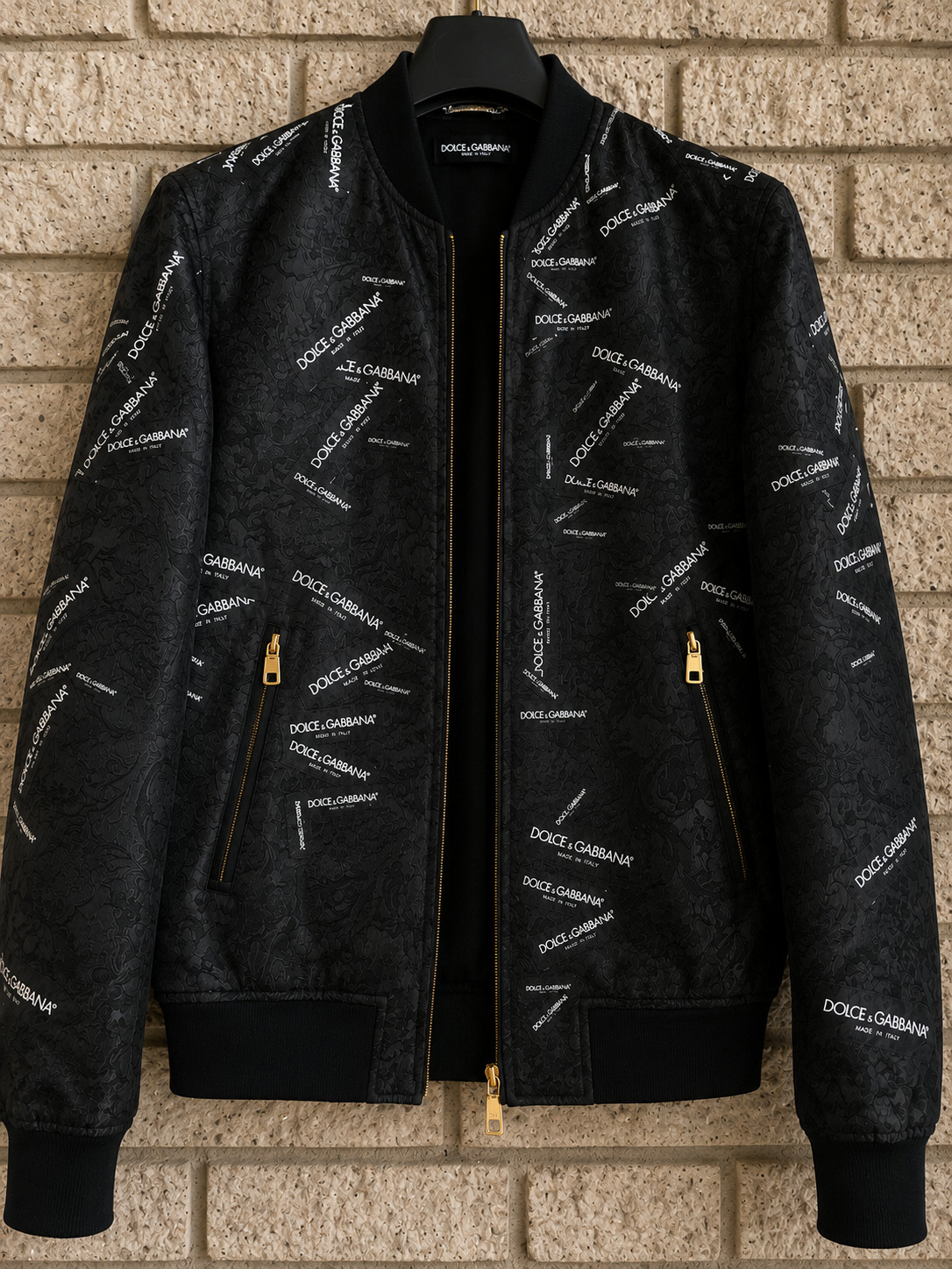 Dolce & Gabbana Black Logo Patch Brocade Silk Bomber Jacket