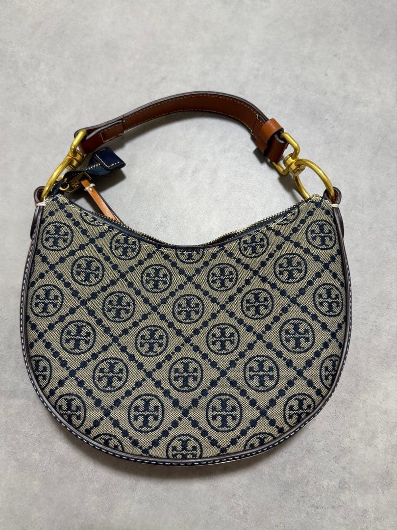 Tory Burch T Monogram Mini Crescent Bag Navy Canvas Leather Crossbody