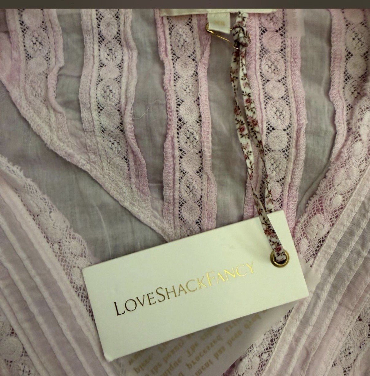 LoveShackFancy Pink/White Cotton Lace Ruffle Smocked V-Neck Mini Dress XS