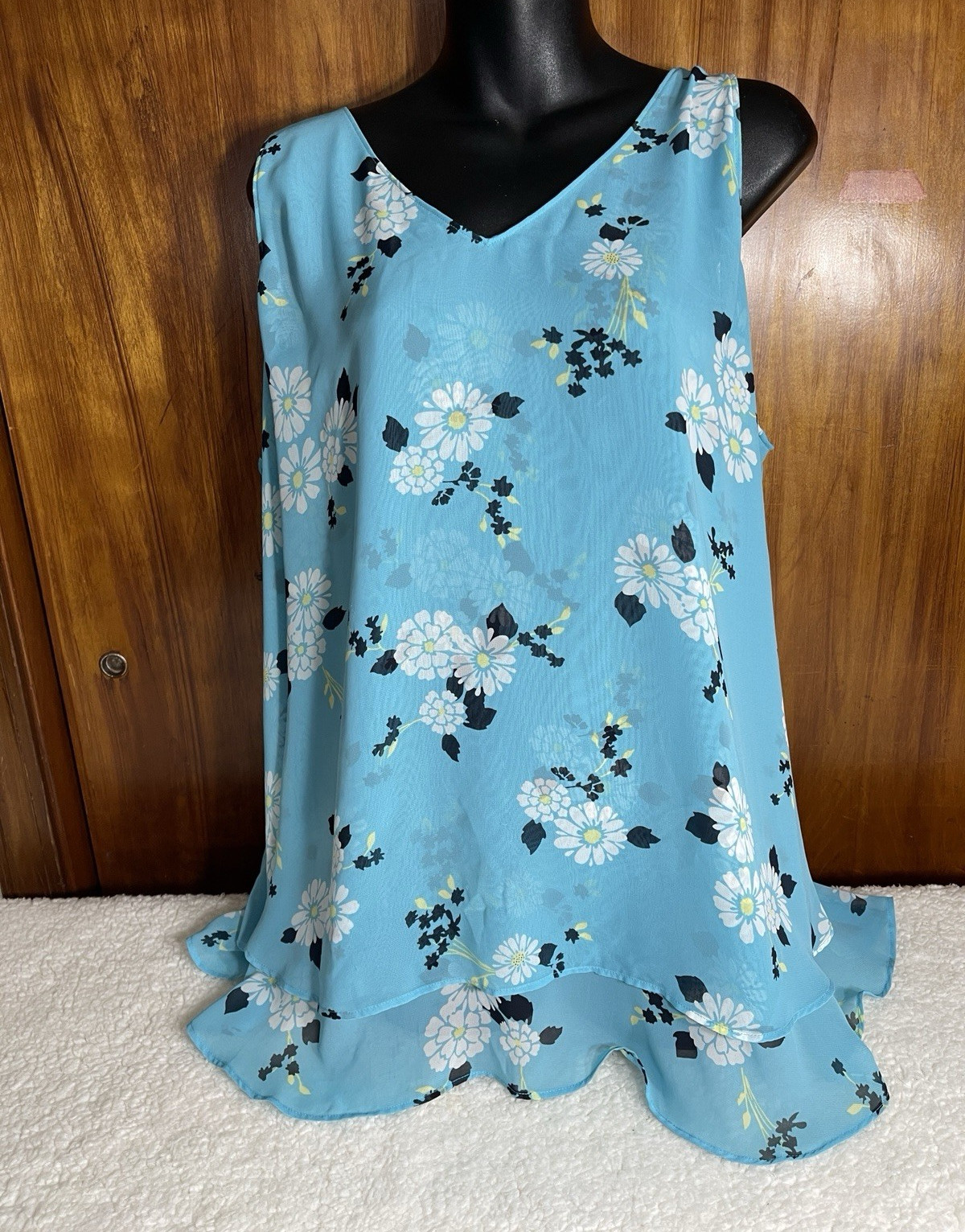 Lane Bryant Blue Floral Chiffon Sheer Ruffle V-Neck Tank Top Plus 22