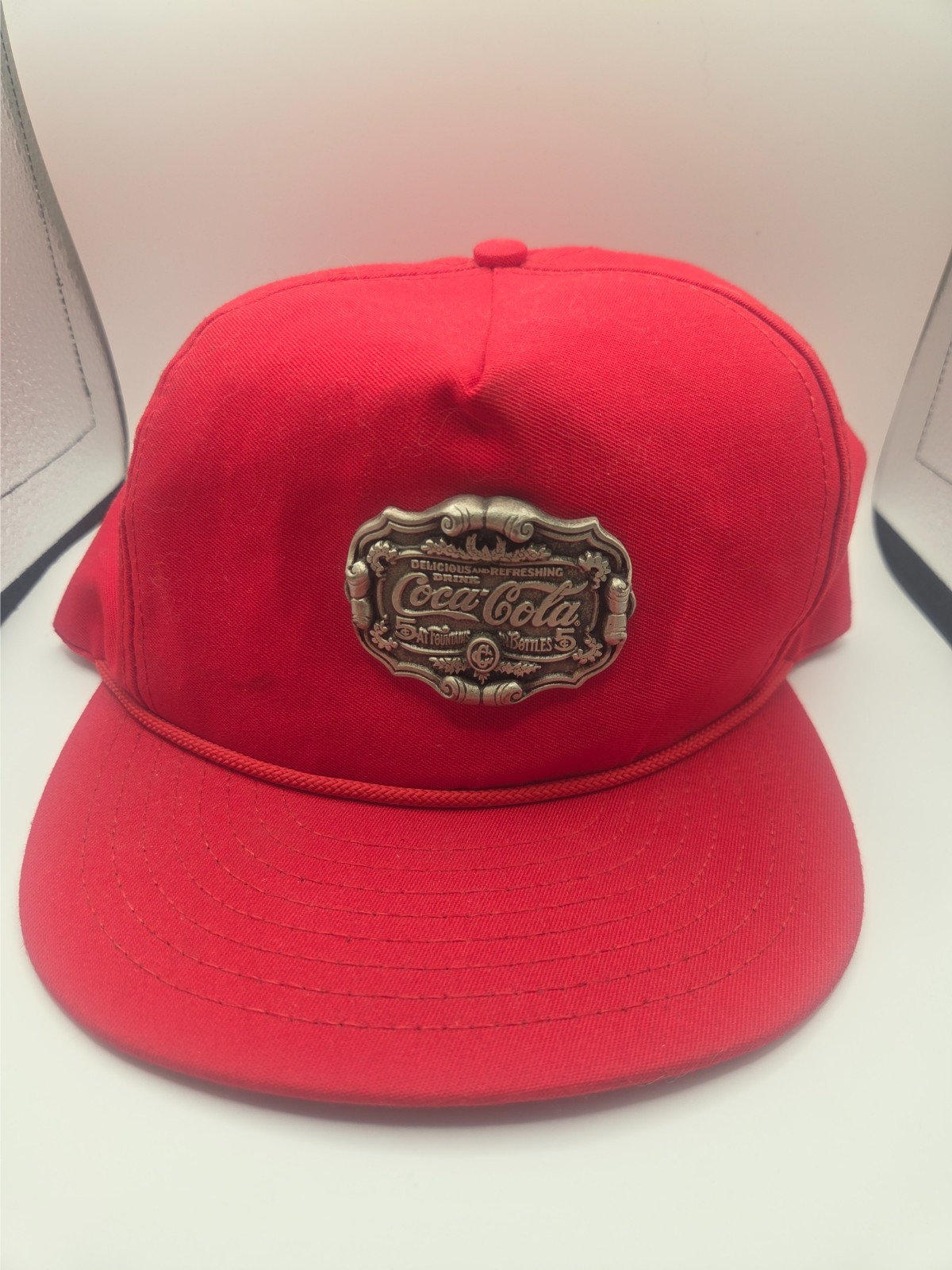 Vintage Coca Cola Hat Cap Snapback Red Pewter Badge Coke Soda