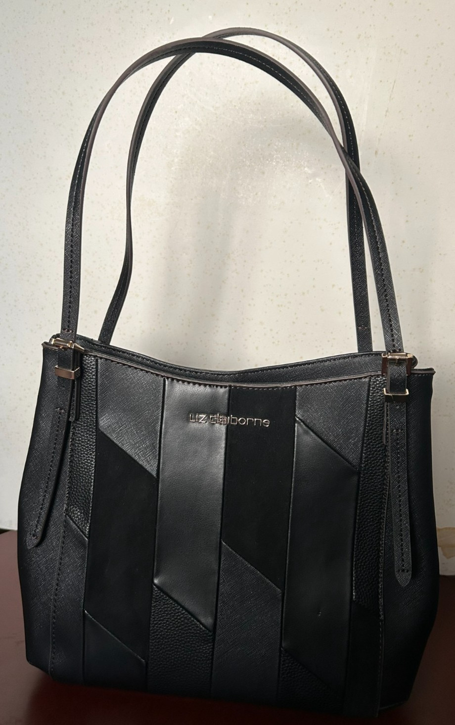 Liz Clairborne Black Faux Leather Multi Pocket 2 Straps 3 Sectional Shoulder Bag