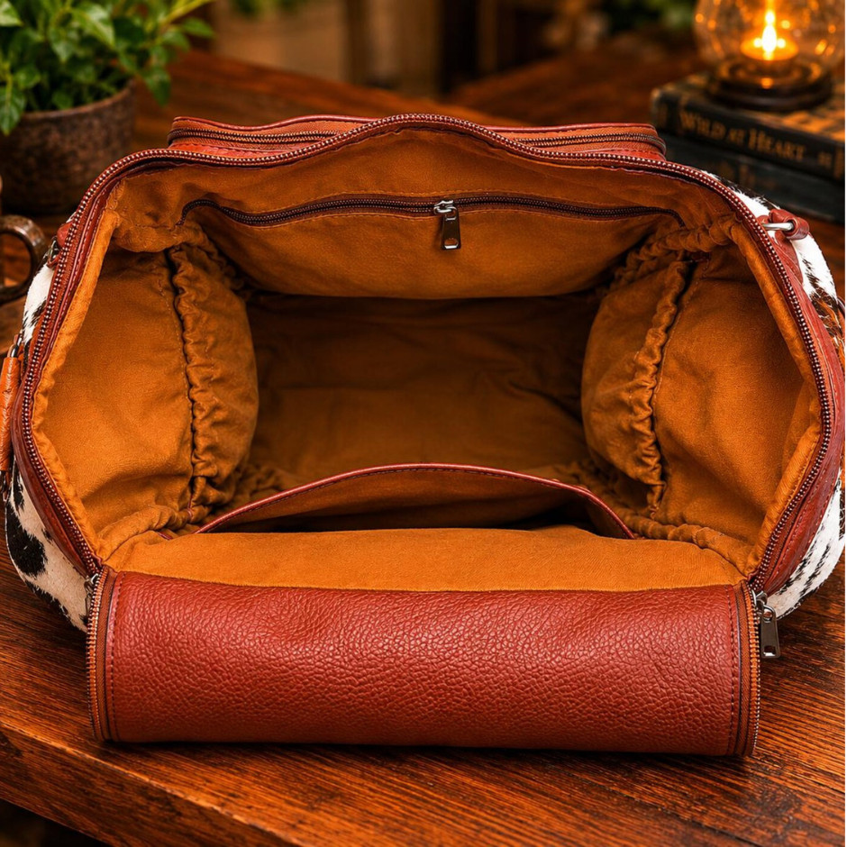 Hair-On Cowhide Leather Backpack Brown White Western Multi-Pocket Daypack Unisex