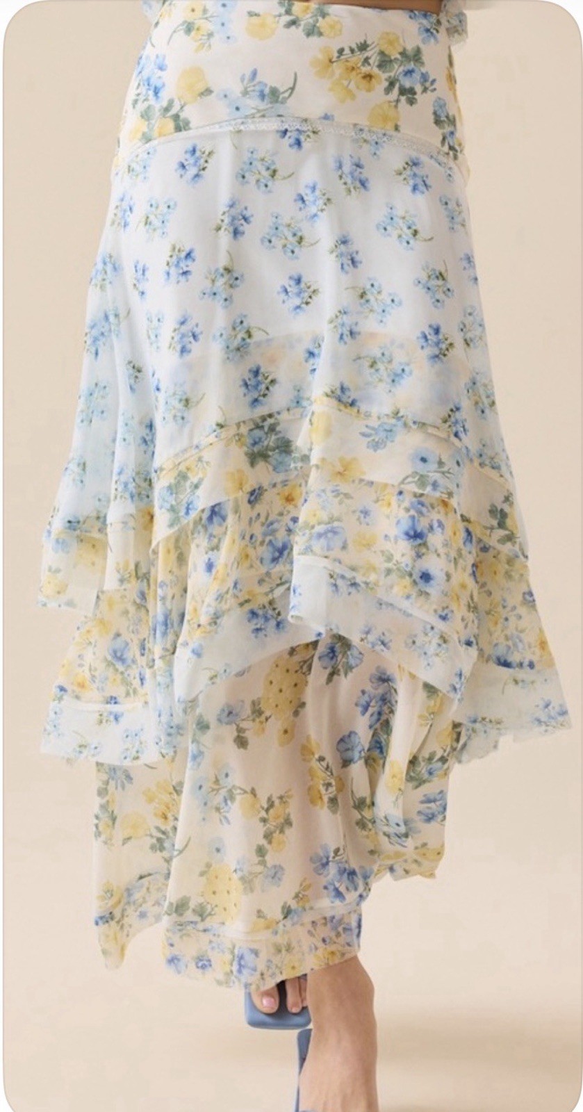 NWT! Altar’d State Medium Emmalyn Tiered Ruffle Yellow/ Blue Floral Maxi Skirt