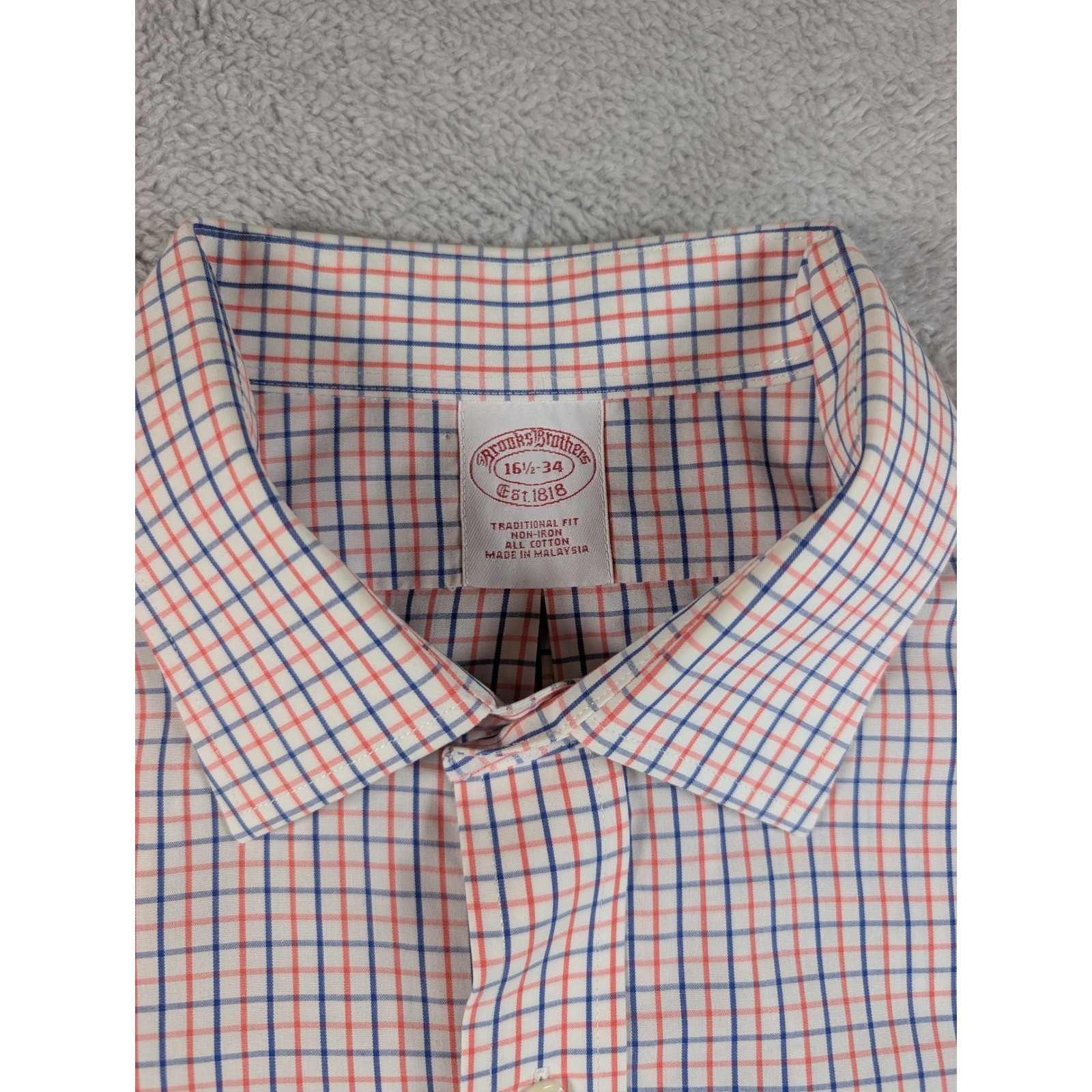 Brooks Brothers Dress Shirt Mens 16.5 34 Traditional Fit Non-Iron Cotton Check