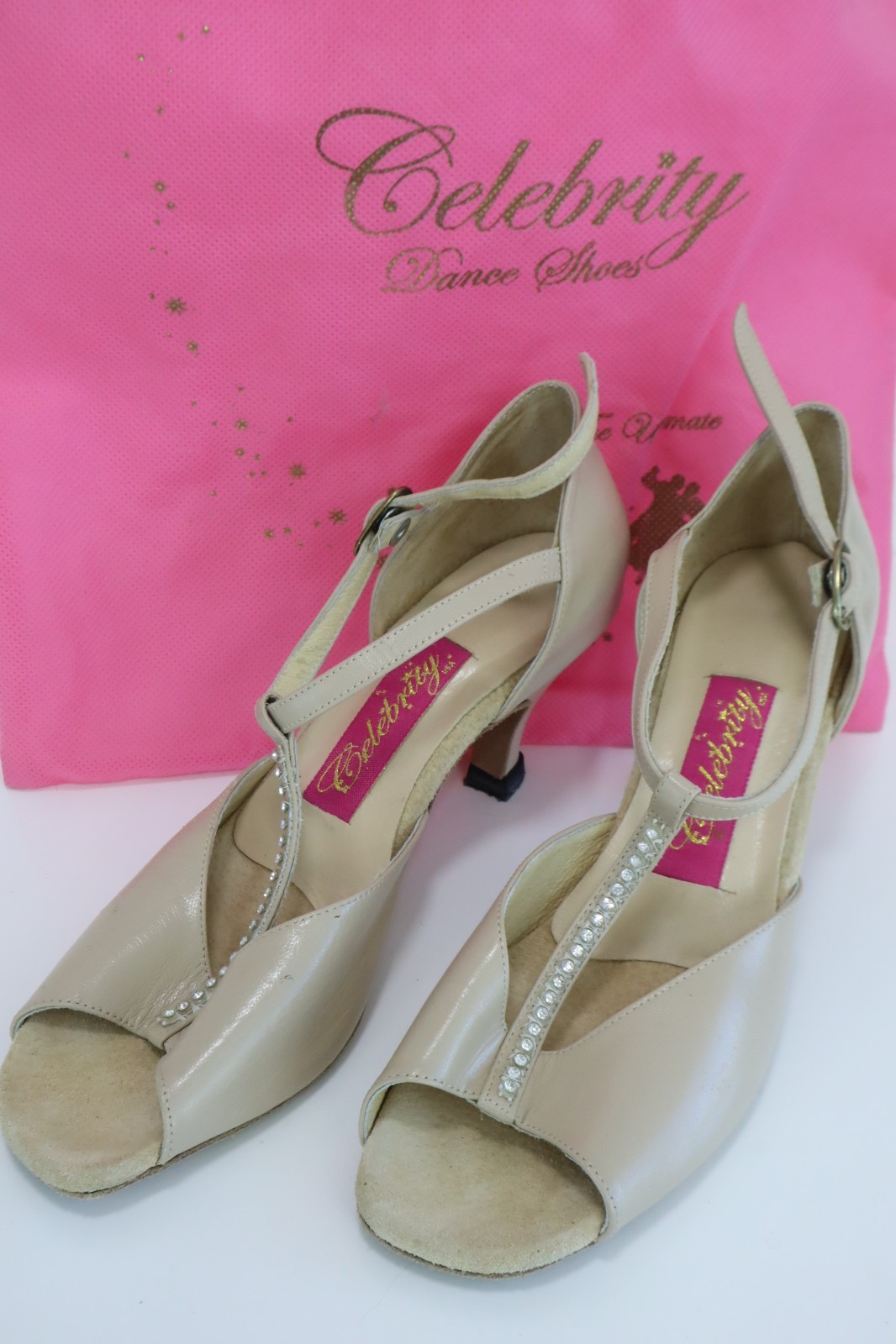 Vintage Celebrity Womens 8M Ballroom Dance Shoes Suede Sole Rhinestone Trim