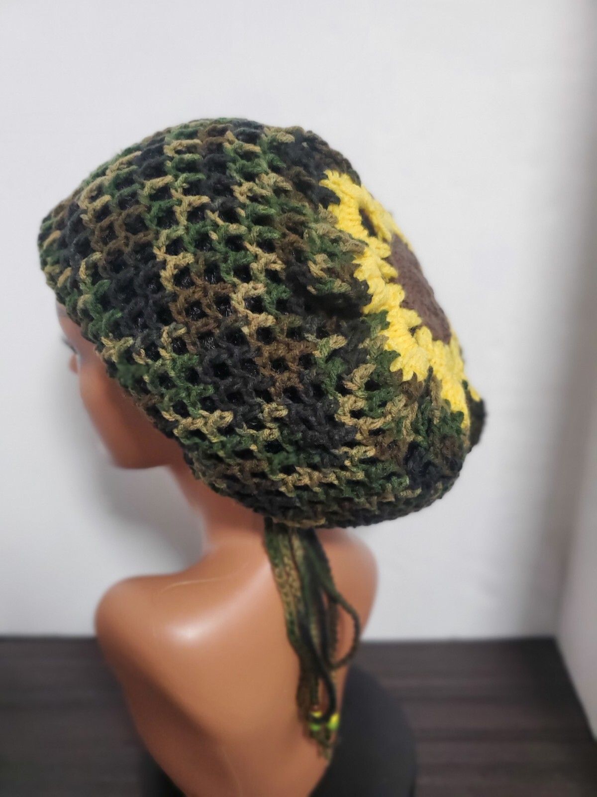 Camouflage Crochet Flower Tam Slouch Hat With Drawstring Handmade One Size