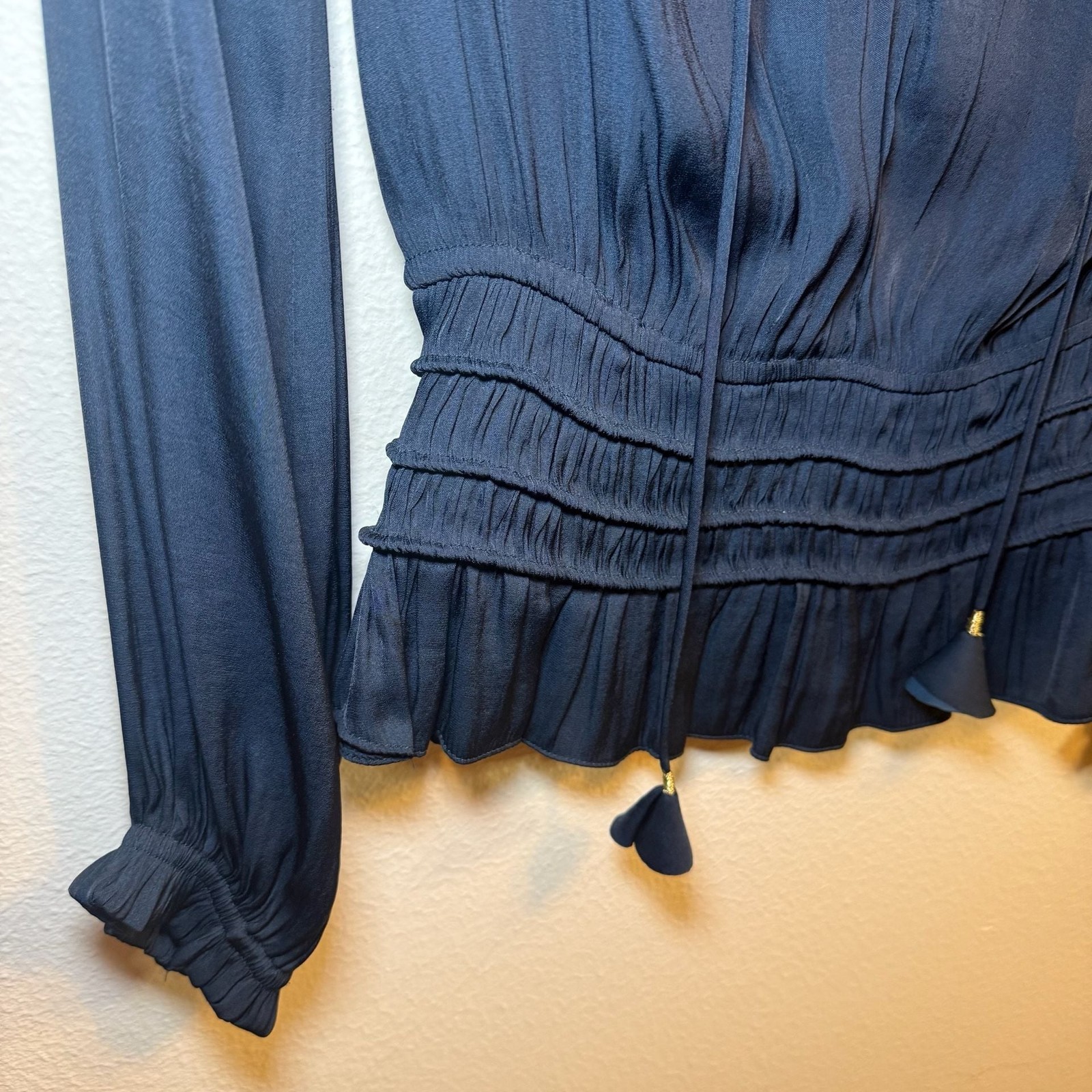 Current Air Navy Blue Smocked Waist Long Sleeve Blouse with Tie Detail