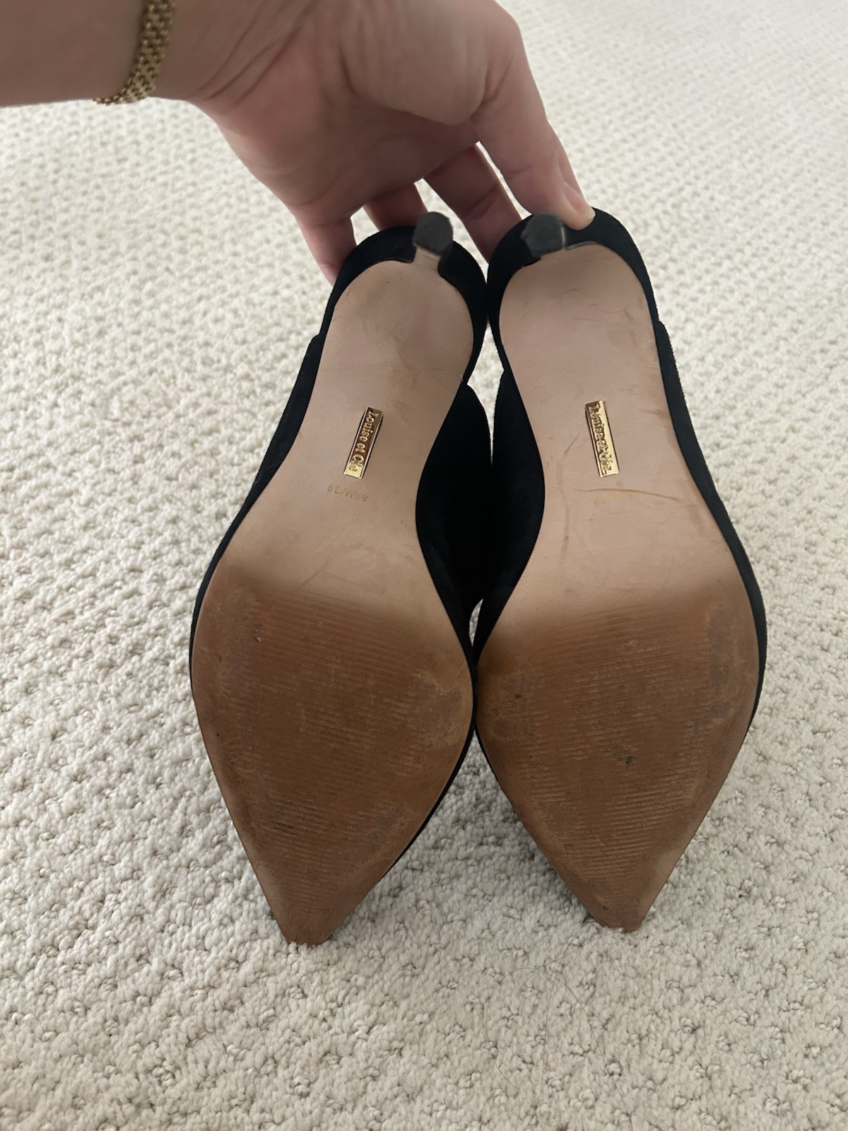 Louise et Cie Black Suede Leather Pointed-Toe Slingback Heels with Pearl, 8.5/39
