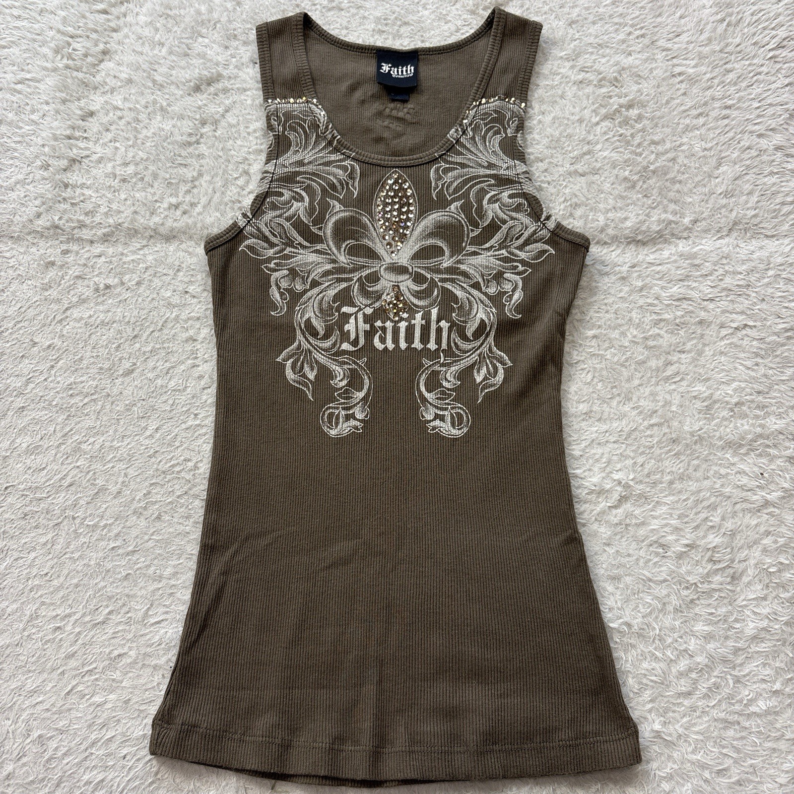 Y2K Faith Cross Tattoo Print Tank Top Rhinestone 00s khaki
