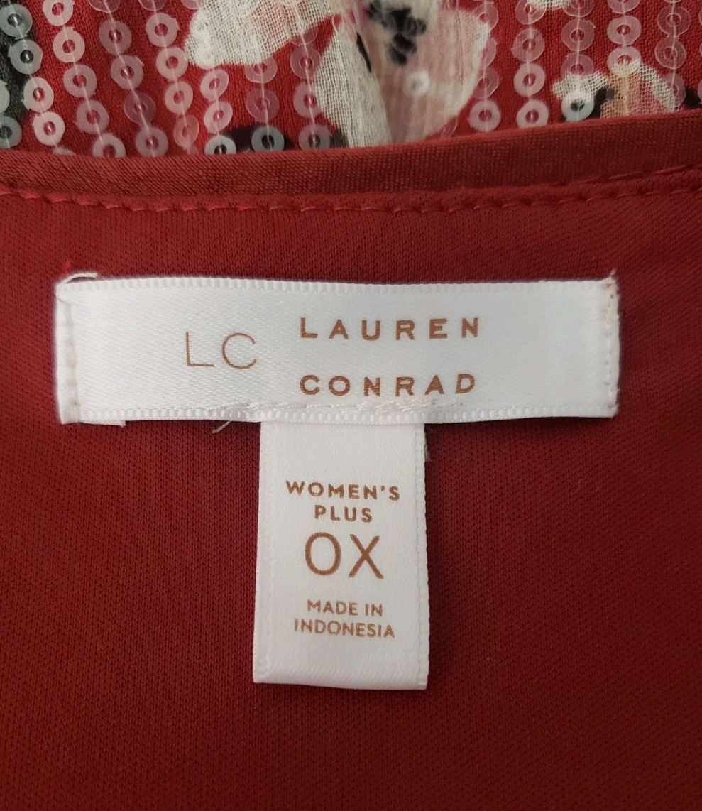 LC Lauren Conrad Plus Size 0X Sequin Puff Sleeve Wrap Top Blouse Belted Floral