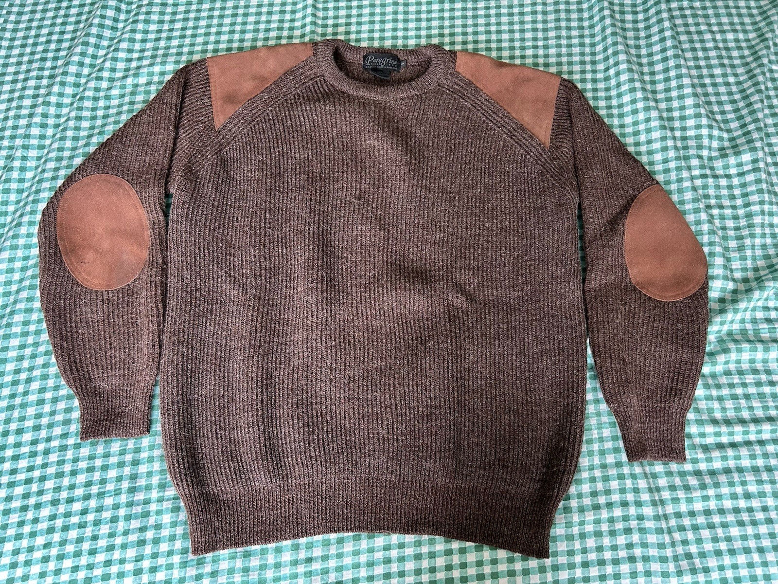 Peregrine 100% Wool Brown Commando Sweater With Leather Patches Large