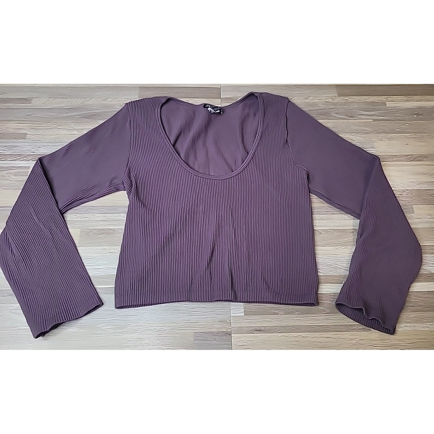 Zara Women’s Size Large Long Sleeve Crop Top Stretch Mauve Scoop Neck Ribbed