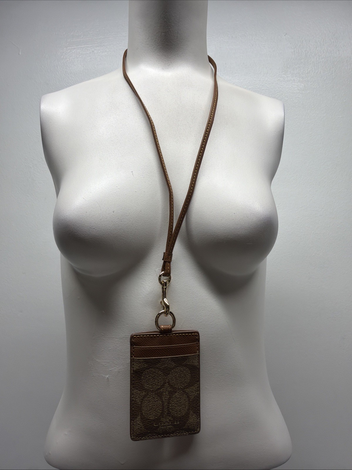Coach ID Lanyard Card License Holder Signature Leather Jacquard Gold Tan Brown