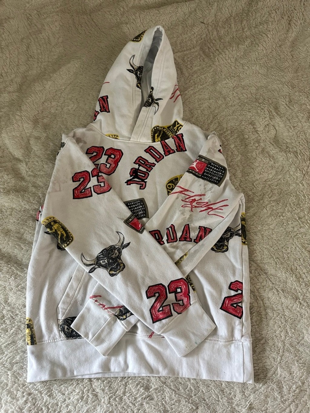 Boys Jordan Hoodie M White Red All-Over Print
