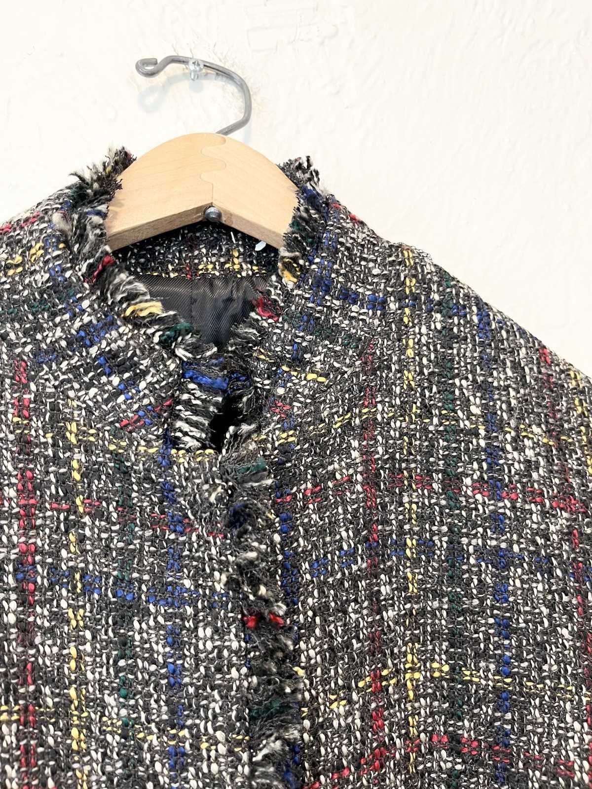 J. McLaughlin Jacket Coat Black Blue Tweed Fringe Large L