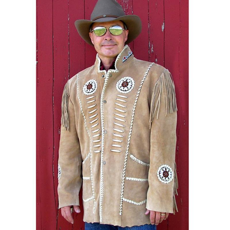 Men Western Native American Cowhide Suede Leather Beaded Fringe Jacket Coat NL96